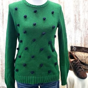 Talbots Green Sweater w/ Blue Pom Pom Balls Large